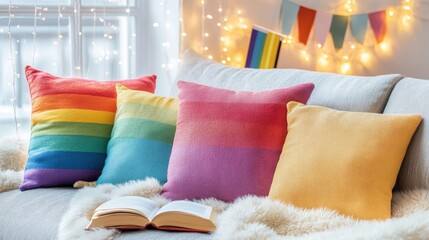 Cozy Living Room with Pride Decor – Warm and Inclusive Atmosphere Celebrating LGBTQIA+ Identity, Diversity, and Love in a Stylish and Welcoming Home Interior Setting
