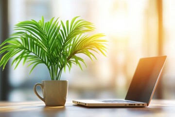 Cozy Home Office Corner with Wooden Desk, Laptop, and Indoor Plant – Warm Sunlight, Minimalist Decor, and Calming Atmosphere for a Peaceful, Productive Work-from-Home Environment