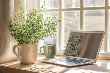 Cozy Home Office Corner with Wooden Desk, Laptop, and Indoor Plant – Warm Sunlight, Minimalist Decor, and Calming Atmosphere for a Peaceful, Productive Work-from-Home Environment