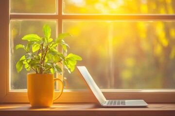 Cozy Home Office Corner with Wooden Desk, Laptop, and Indoor Plant – Warm Sunlight, Minimalist Decor, and Calming Atmosphere for a Peaceful, Productive Work-from-Home Environment