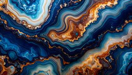 Abstract agate pattern with swirling blue, orange, and white hues.