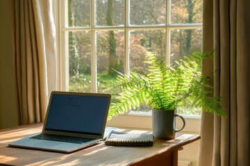 Cozy Home Office Corner with Wooden Desk, Laptop, and Indoor Plant – Warm Sunlight, Minimalist Decor, and Calming Atmosphere for a Peaceful, Productive Work-from-Home Environment