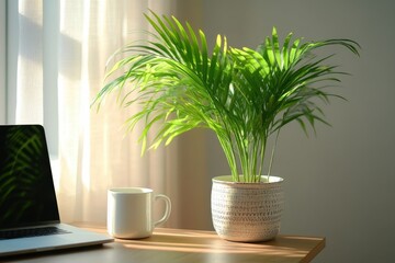 Cozy Home Office Corner with Wooden Desk, Laptop, and Indoor Plant – Warm Sunlight, Minimalist Decor, and Calming Atmosphere for a Peaceful, Productive Work-from-Home Environment