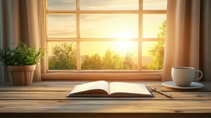 Cozy Reading and Journaling Corner with Wooden Desk, Open Notebook, Tea, and Sunset Light – Warm, Calm Atmosphere for Mindful Moments and Peaceful Creative Inspiration at Home