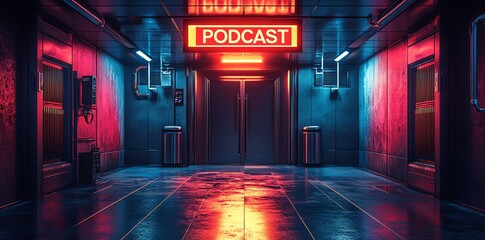 A grand radio studio entrance with a glowing PODCAST
