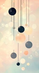 Delicate orbs hang on thin lines against a soft, pastel backdrop