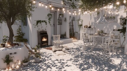 Charming outdoor patio featuring warm string lights, rustic decor, cozy seating, and lush greenery, perfect for relaxation and gatherings.