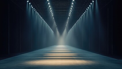 Empty runway, lit by spotlights, in a dark hall