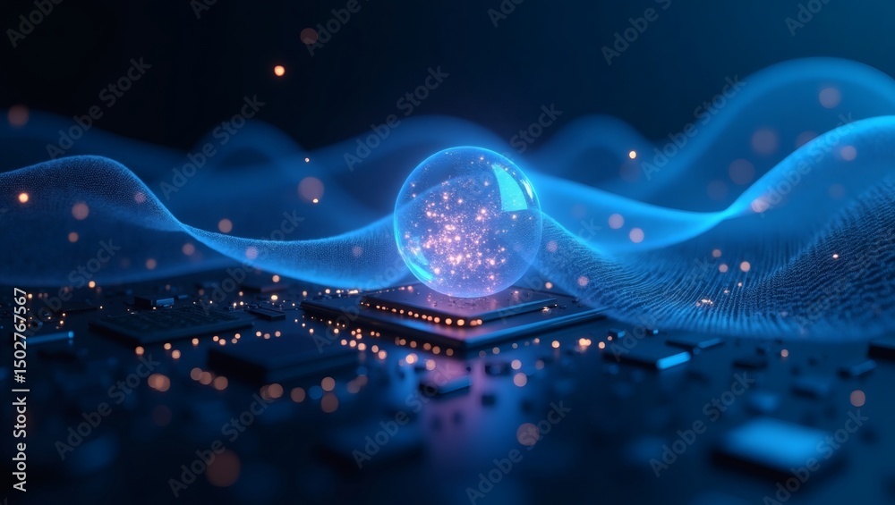 Poster futuristic abstract composition featuring a glowing sphere resting on a circuit board, surrounded by dynamic light waves.