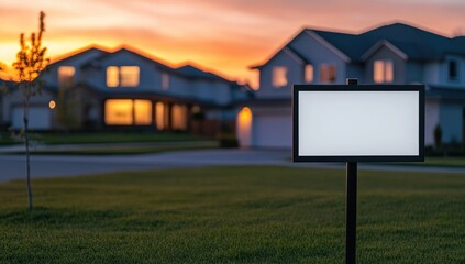Empty real estate sign in front of suburban homes at sunset