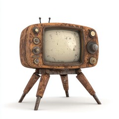 Rusty Retro Television on Tripod, White Background