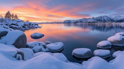 Aurora casting its vibrant hues across a serene icy bay dotted with frost-covered boulders, Generative AI