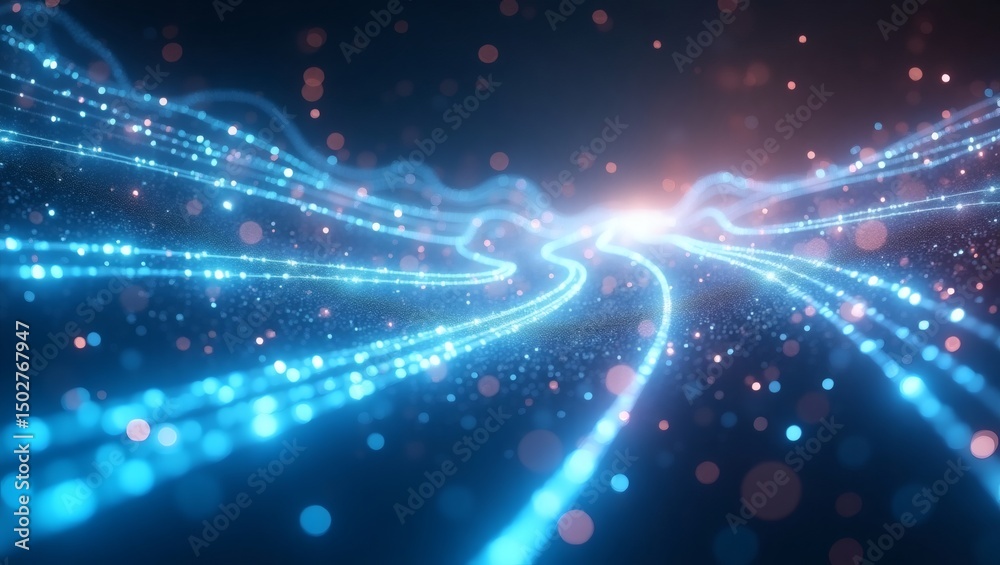 Poster abstract representation of digital data streams, with glowing blue lines and particles, illustrating connectivity and the flow of information