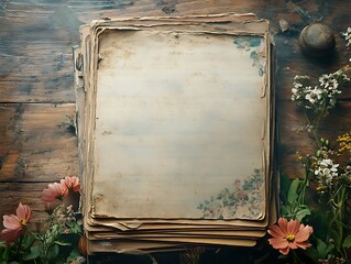 Antique paper stack adorned with delicate floral accents, resting on rustic wooden surface