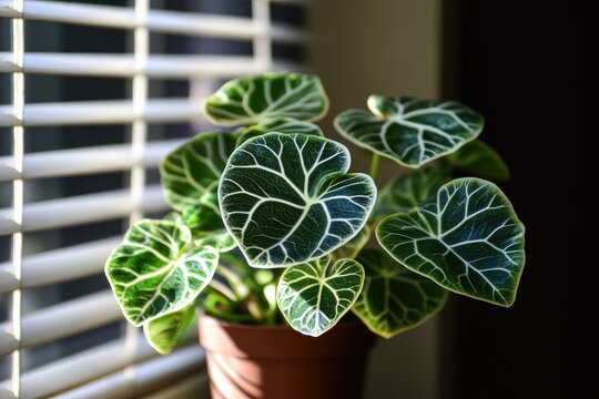 Heart-shaped plant in terracotta pot, bathed in sunlight by window blinds