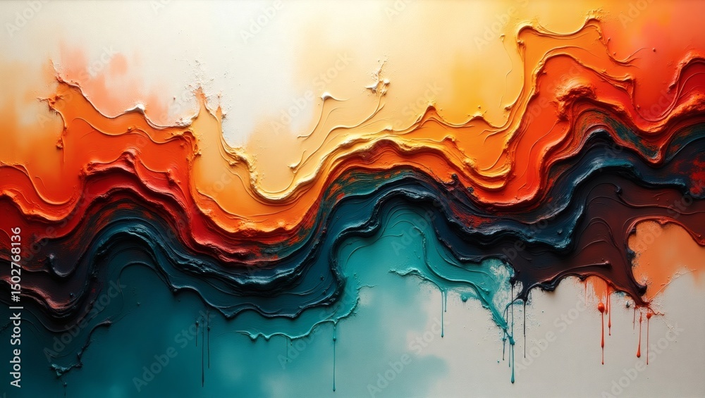 Poster Abstract art painting with teal, orange and red waves. The paint is thick and textured, creating a three-dimensional effect.