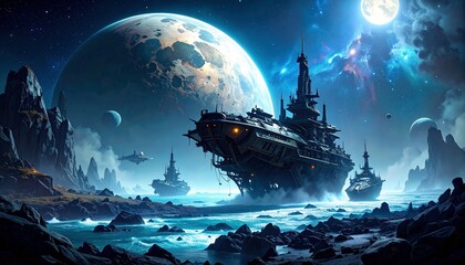 Dark Spacecraft Near Rocky Shore Under a Large Moon and Starry Sky