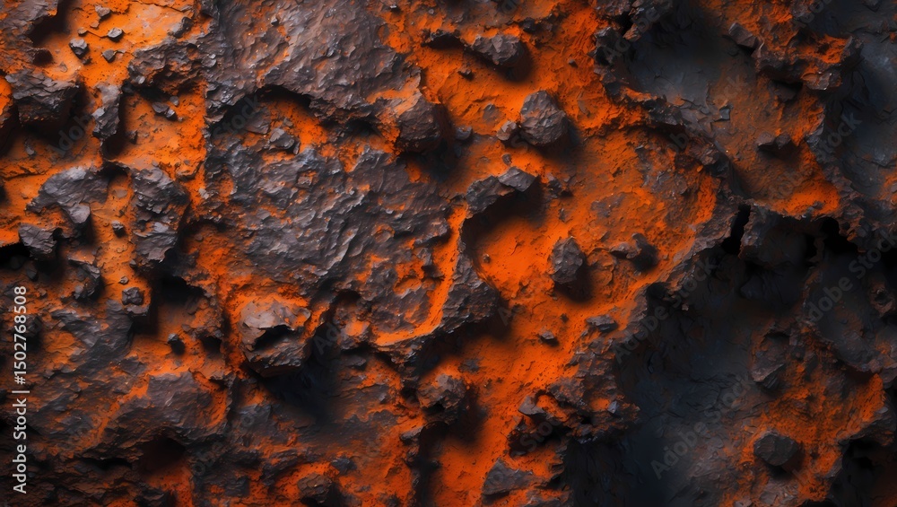 Poster an abstract macro shot of a fiery hot lava rock texture. The image captures the rugged texture and intense colors of molten rock