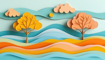Autumn landscape, paper cut style. Pastel colors, wavy hills, trees