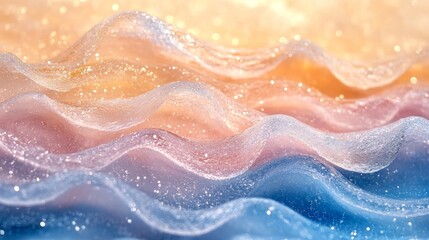 Obraz premium Frozen beach illuminated by pastel hues of sunset as icy waves sparkle under the golden sky, Generative AI