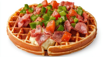 Savory Waffle Topped with Diced Ham Green Bell Peppers Tomatoes and Creamy Sauce