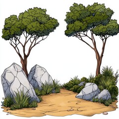 Scenic Sandy Trail with Rocks Leading Between Two Trees in Lush Green Environment