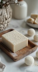 A light beige bar of soap on a wooden tray, with small, round, off-white treats