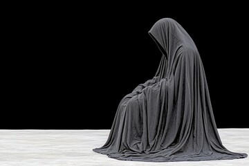 Seated Hooded Figure in Gray Cloak Grayscale Sculpture against Black Background