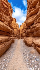Scenic Sandstone Canyon Passage with Textured Walls Sandy Path and Blue Sky Panorama