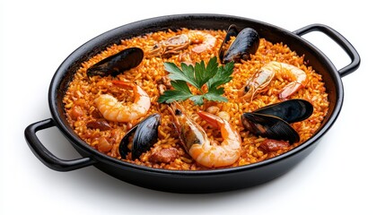 Seafood Paella in Dark Pan with Parsley Garnish
