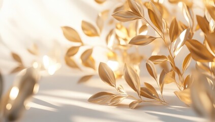 Golden leaves on a soft, white background