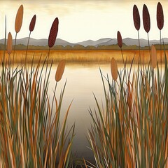 Serene Autumnal Landscape Calm Water, Golden Grasses, and Soft Lighting