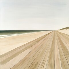 Serene Beach Landscape Beige Sand Texture, Calm Ocean, and Pale Sky