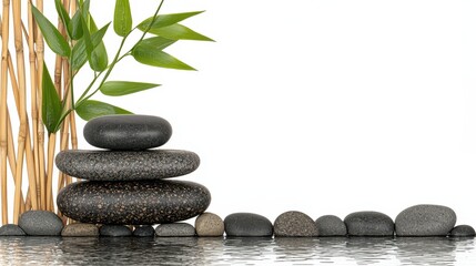 Serene Black Stones and Bamboo Spa Scene with Water Reflection