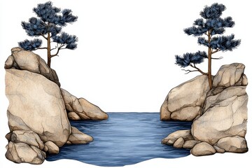 Serene Blue Stream Between Beige Rocks and Pine Trees