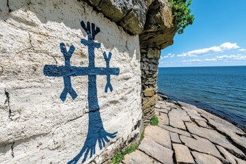 Serene Coastal Scene Blue Cross Painted on Whitewashed Stone Wall Overlooking Calm Ocean
