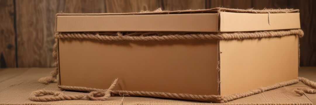 Distressed cardboard box, thick brown rope binding, rustic package,  brown,  package,  twine