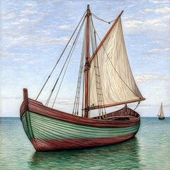 Serene Green and Brown Sailboat on Calm Teal Water Under a Pale Blue Sky