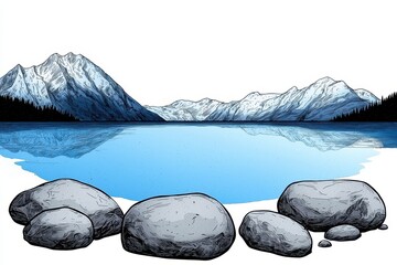 Serene Lake and Snow Capped Mountains Landscape Illustration