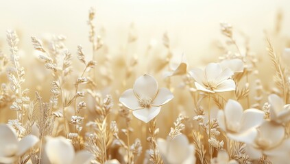 Soft, pale beige flowers and grasses in a field