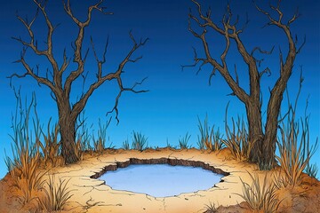 Serene Landscape Painting Still Pond Amidst Leafless Trees and Dry Grasses Under a Vivid Blue Sky