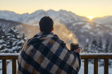 Man wrapped in blanket enjoying hot coffee at sunrise in snowy mountain landscape