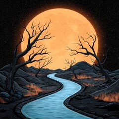 Serene Night Scene Pixel Art Orange Moon, Winding River, and Barren Trees