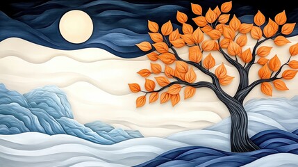 Serene Night Landscape with Orange Leaf Tree and Moonlit Waves
