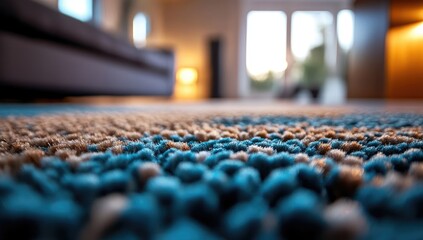 Fototapeta premium Close-up view of a textured carpet with teal and beige patterns. Interior design focus