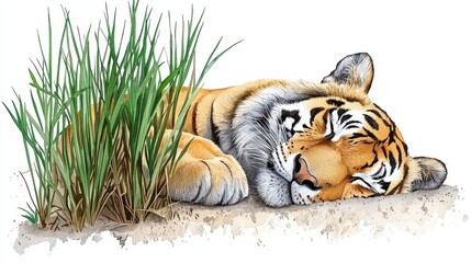 Serene Sleeping Tiger Near Green Grass in Watercolor Style