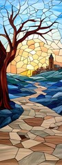 Serene Sunset Landscape Painting Barren Tree, Rocky Shore, and Distant Village