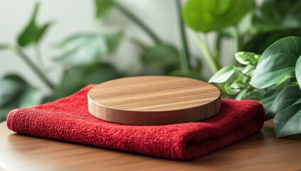 Wooden disc atop a red towel on a wooden surface, surrounded by greenery
