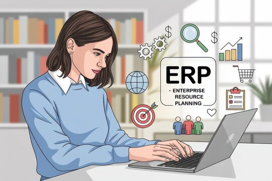 Woman uses enterprise resource planning for company management with laptop