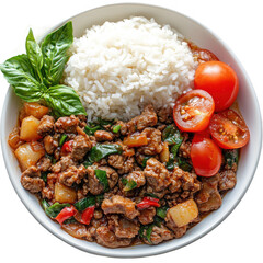 Rice and ground beef in bowl isolated on transparent background